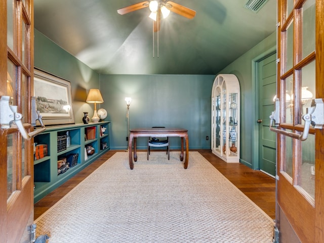 office area with ceiling fan, lofted ceiling, and dark hardwood / wood-style floors