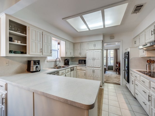 kitchen with a healthy amount of sunlight, black appliances, sink, and kitchen peninsula