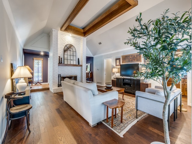 living room with dark hardwood / wood-style floors, beamed ceiling, high vaulted ceiling, and a fireplace