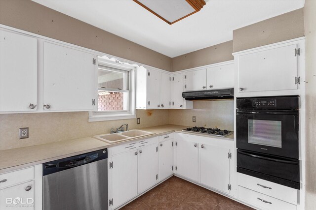 kitchen featuring gas cooktop, decorative backsplash, stainless steel dishwasher, white cabinets, and black oven