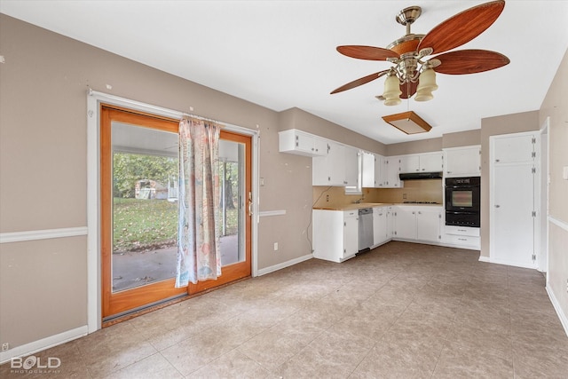 kitchen featuring ceiling fan, light tile patterned floors, stainless steel dishwasher, oven, and white cabinets