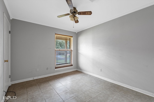 empty room with light tile patterned floors, ceiling fan, and crown molding