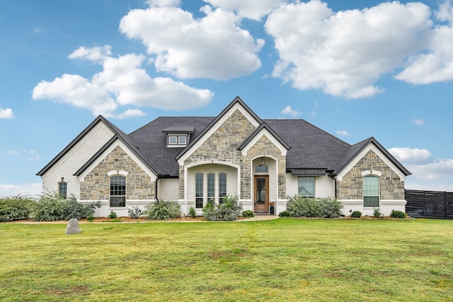 french country home with a front lawn