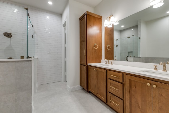 bathroom with tile walls, shower with separate bathtub, and tile patterned flooring