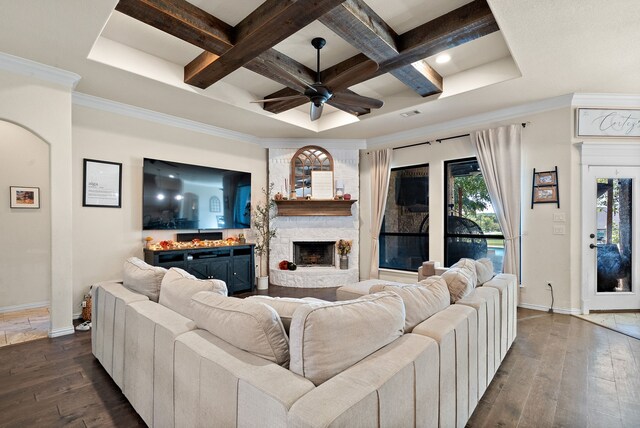 living room featuring dark wood-type flooring, ornamental molding, beam ceiling, and coffered ceiling