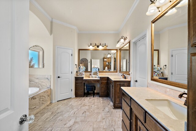 bathroom with tiled bath, vanity, and crown molding