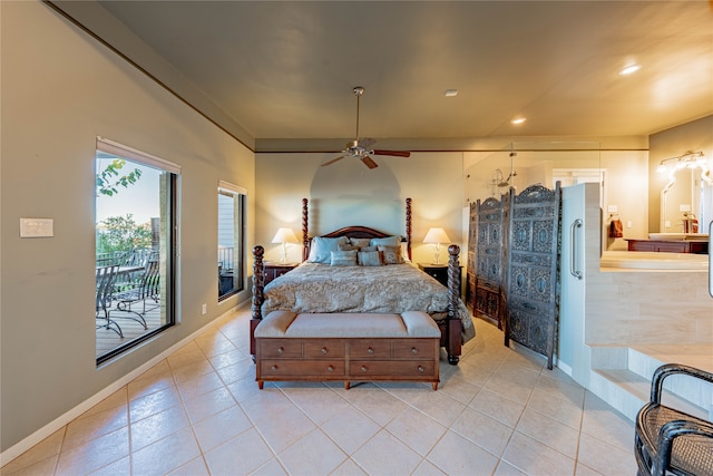 tiled bedroom with ceiling fan and access to outside