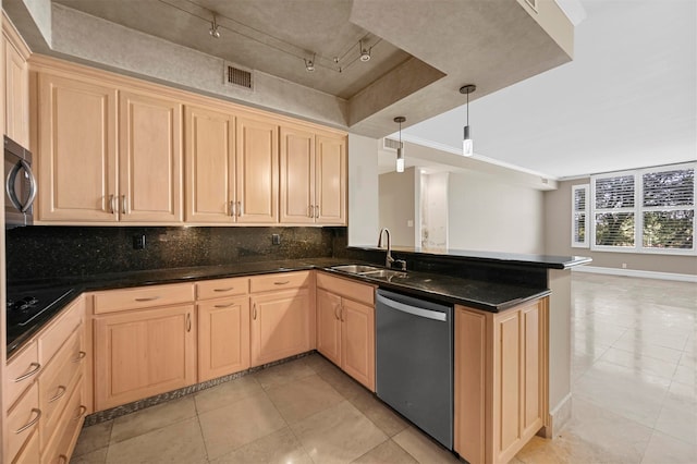 kitchen with kitchen peninsula, decorative light fixtures, sink, dishwasher, and light brown cabinetry