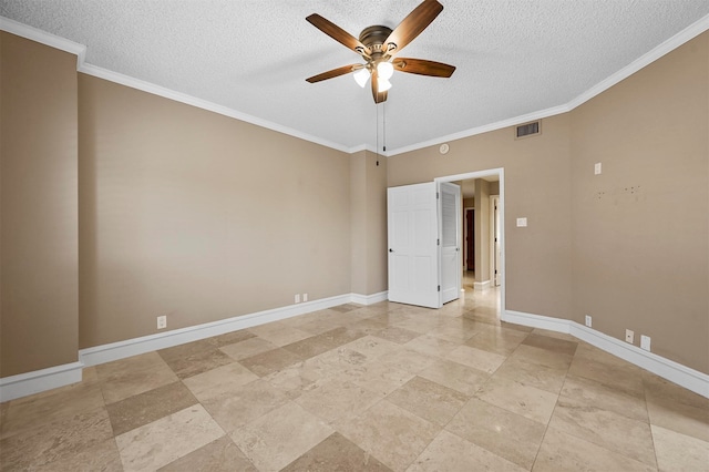 unfurnished room with ceiling fan, crown molding, and a textured ceiling