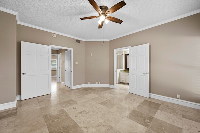 unfurnished bedroom featuring ornamental molding, visible vents, and baseboards