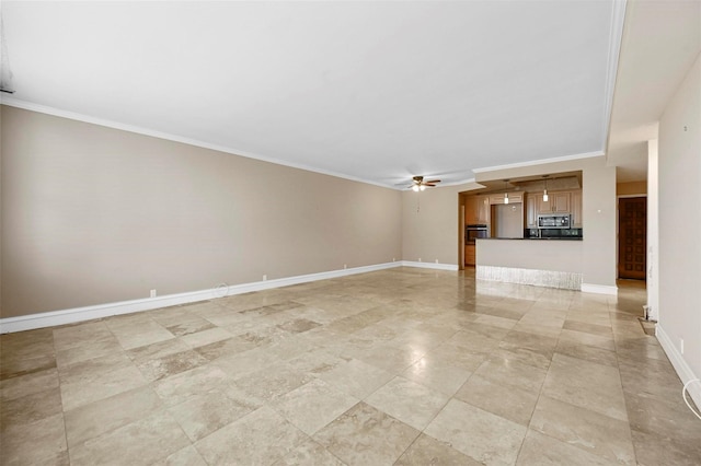 unfurnished living room with crown molding, a ceiling fan, and baseboards