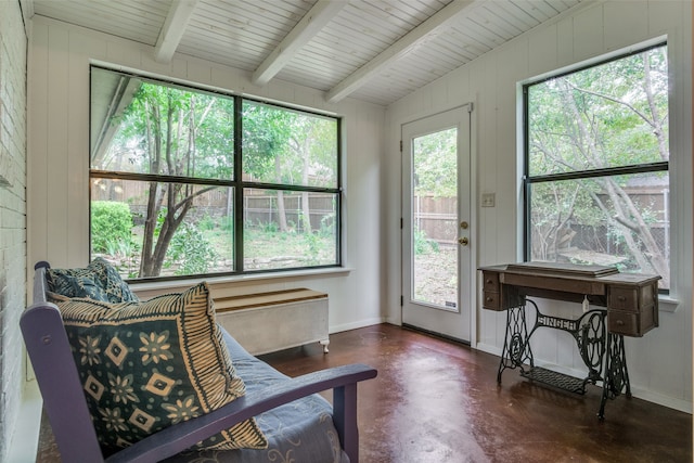 sunroom / solarium featuring lofted ceiling with beams, wood ceiling, and plenty of natural light