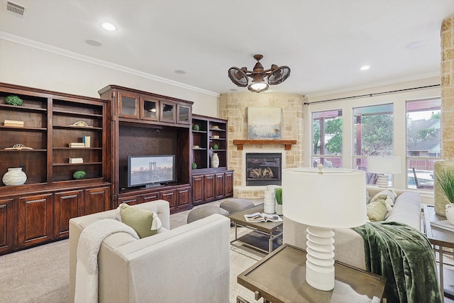 carpeted living room featuring a stone fireplace and ornamental molding