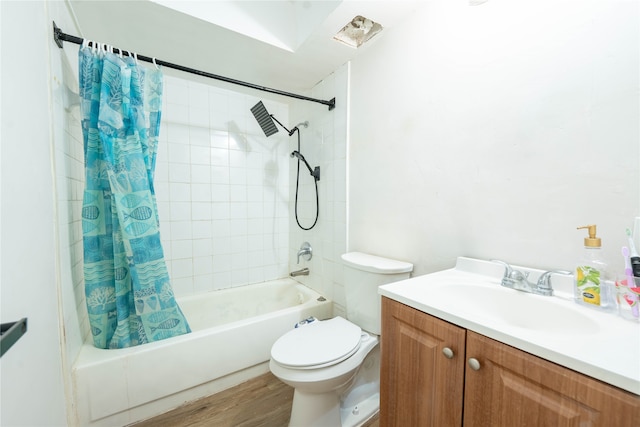 full bathroom featuring vanity, wood-type flooring, toilet, and shower / bathtub combination with curtain