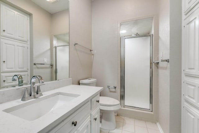 bathroom with vanity, toilet, an enclosed shower, and tile patterned flooring