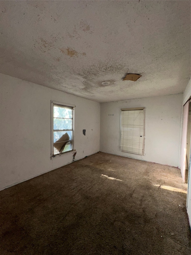 unfurnished room with a textured ceiling and carpet