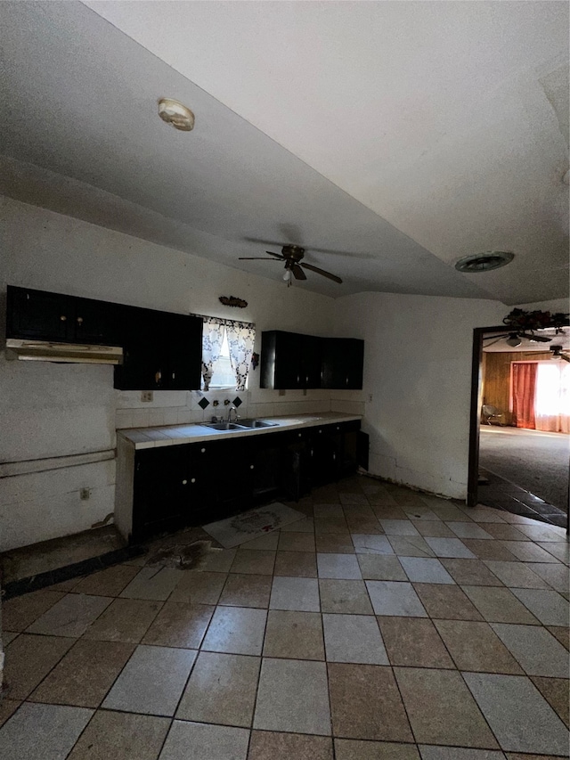 kitchen featuring sink, ceiling fan, and exhaust hood