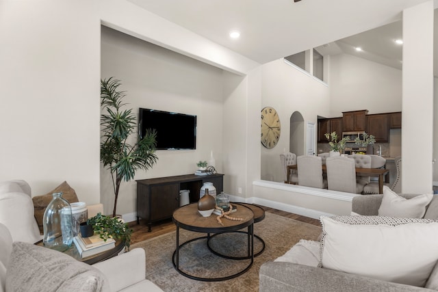 living room featuring wood-type flooring and high vaulted ceiling