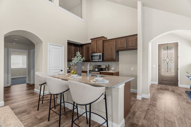 kitchen with appliances with stainless steel finishes, sink, high vaulted ceiling, light hardwood / wood-style flooring, and a center island with sink