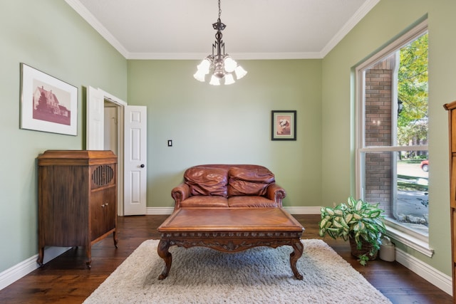 living area featuring ornamental molding, dark hardwood / wood-style floors, and a healthy amount of sunlight