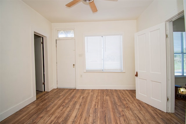 interior space with ceiling fan, a healthy amount of sunlight, and dark hardwood / wood-style flooring