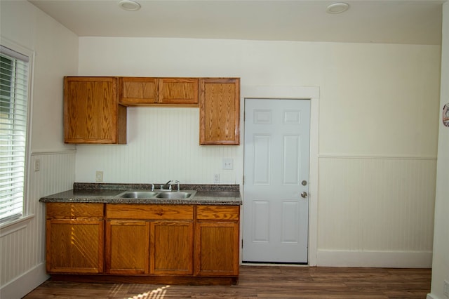 kitchen with sink and dark hardwood / wood-style flooring