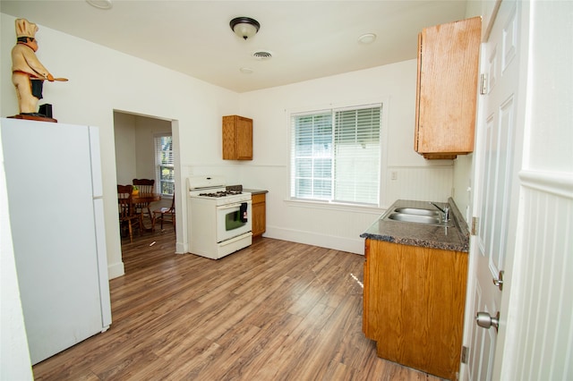 kitchen featuring a wealth of natural light, sink, wood-type flooring, and white appliances