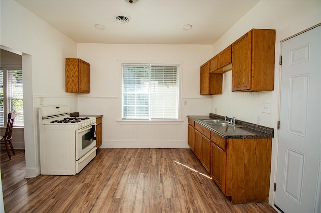 kitchen featuring sink, hardwood / wood-style floors, white range with gas cooktop, and a healthy amount of sunlight