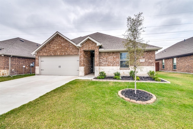 723 Cherish Day Dr, Lavon, TX 75166 - single story home featuring brick siding, a garage, concrete driveway, roof with shingles, and a front yard