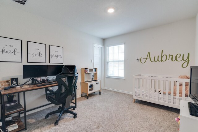 723 Cherish Day Dr, Lavon, TX 75166 - bedroom with light carpet, an office area, and baseboards