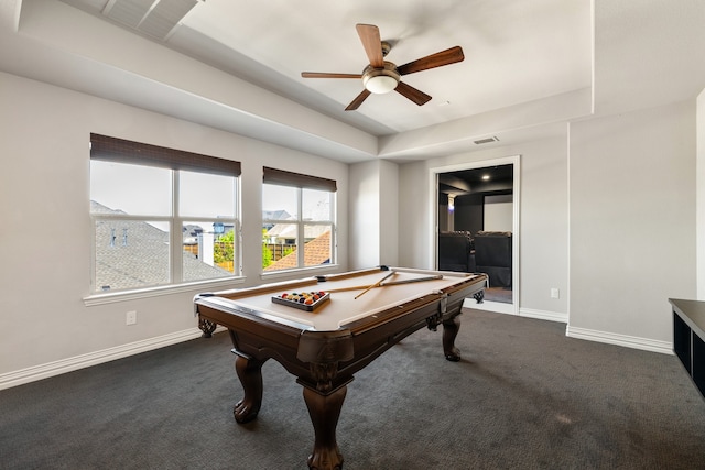 game room with ceiling fan, dark colored carpet, pool table, and a tray ceiling