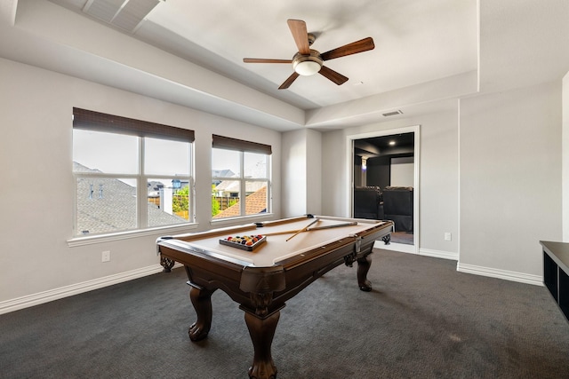 1240 Concho Trl, Prosper, TX 75078 - rec room with billiards table, a ceiling fan, and dark colored carpet