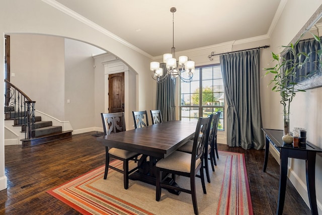 1240 Concho Trl, Prosper, TX 75078 - dining area with arched walkways, a chandelier, wood finished floors, crown molding, and stairs