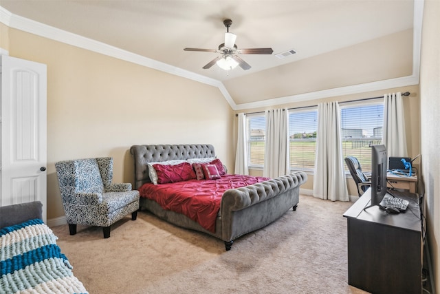 bedroom featuring lofted ceiling, light carpet, ornamental molding, and ceiling fan