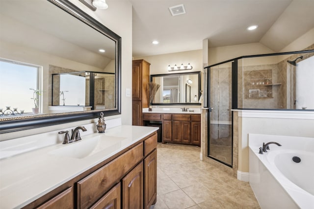 bathroom featuring vanity, plus walk in shower, tile patterned floors, and vaulted ceiling