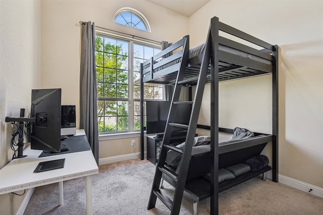 bedroom with multiple windows and light colored carpet