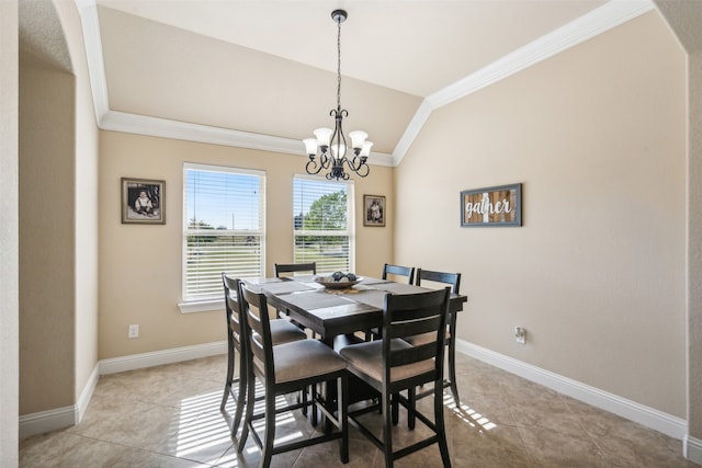 dining area with ornamental molding, vaulted ceiling, a notable chandelier, and light tile patterned floors