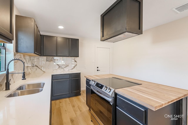 kitchen with backsplash, sink, stainless steel range with electric cooktop, butcher block countertops, and light hardwood / wood-style floors