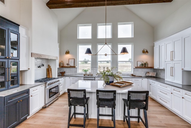 kitchen with white cabinetry, stainless steel range, and a breakfast bar