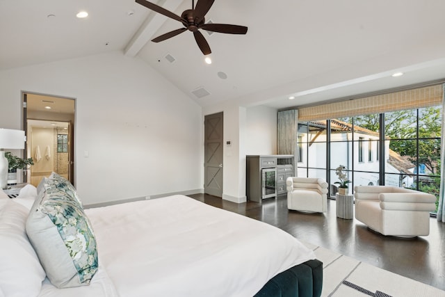 bedroom with access to outside, ceiling fan, beamed ceiling, dark wood-type flooring, and high vaulted ceiling