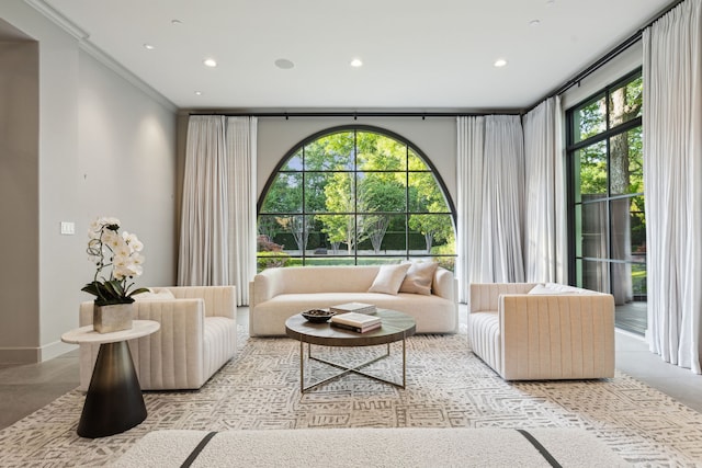 living room featuring crown molding