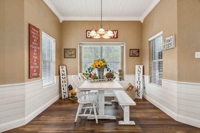 dining space featuring an inviting chandelier, ornamental molding, dark hardwood / wood-style flooring, and wood walls