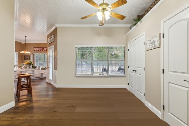 interior space featuring ornamental molding, ceiling fan with notable chandelier, wooden ceiling, and dark hardwood / wood-style flooring