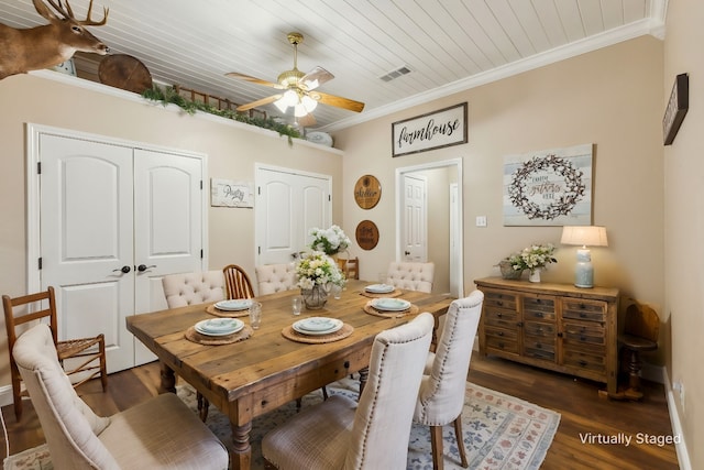 dining room with wood ceiling, ornamental molding, dark hardwood / wood-style floors, and ceiling fan