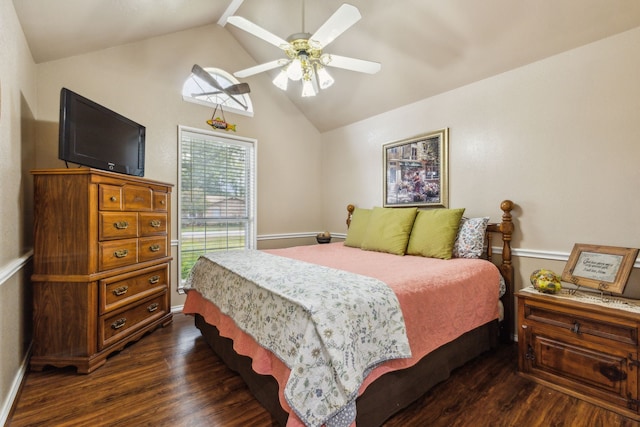 bedroom featuring vaulted ceiling, dark wood-type flooring, and ceiling fan