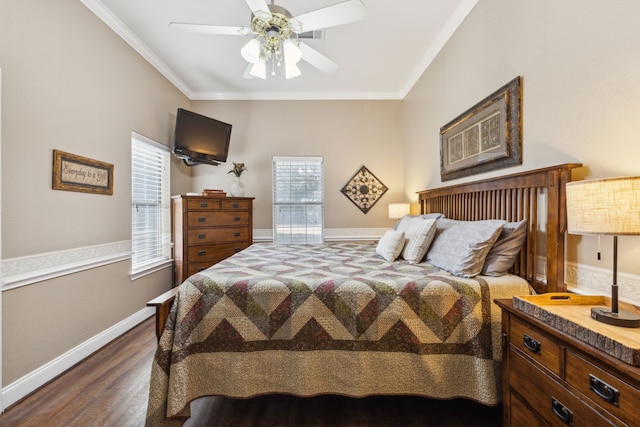 bedroom featuring crown molding, ceiling fan, and dark hardwood / wood-style flooring