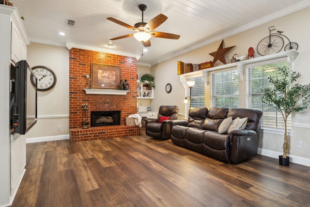 living room featuring crown molding, dark hardwood / wood-style flooring, wood ceiling, and a fireplace