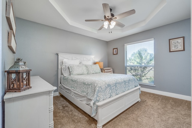 carpeted bedroom featuring a raised ceiling and ceiling fan