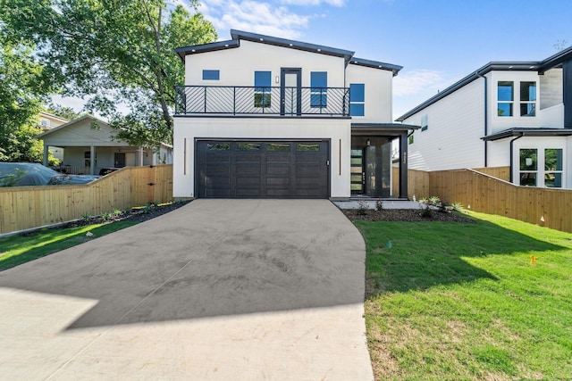 view of front facade featuring a garage, a sunroom, a front yard, and a balcony