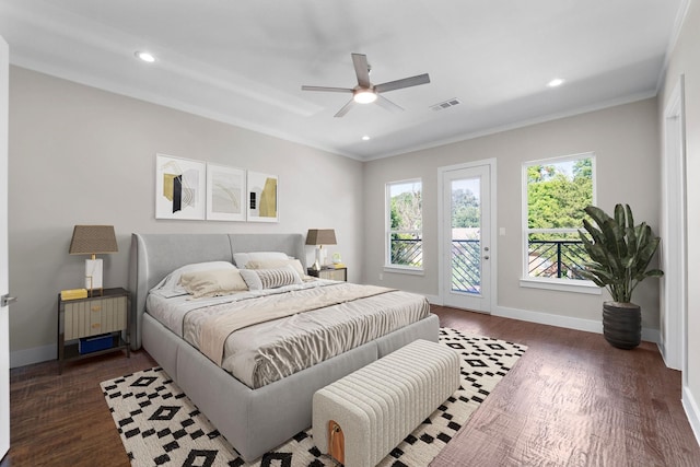 bedroom featuring ornamental molding, dark hardwood / wood-style floors, access to exterior, and ceiling fan